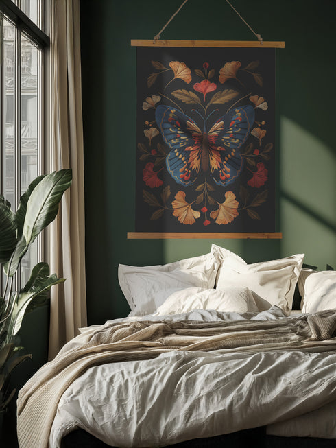 Ancient sunsets meet twilight waters in this captivating botanical symphony of light and shadow. This extraordinary wall hanging showcases a majestic sapphire butterfly adorned with vibrant coral and golden accents, framed by a harmonious arrangement of amber and coral ginkgo leaves against midnight velvet. The intricate 3D print replicates the dimensional quality of fine embroidery, each golden vein and azure wing rendered with museum-quality precision. A breathtaking centerpiece for entryways, reading noo